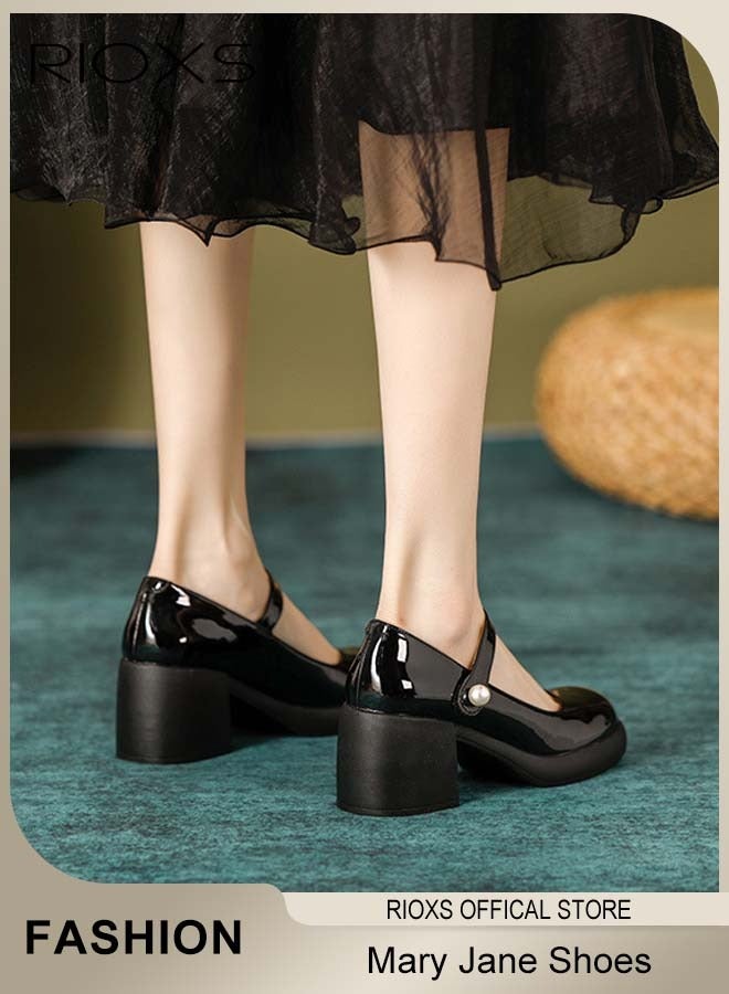 RIOXS Mary Jane Shoes for Women, Classic Patent Leather Shoes, Women's Ankle Strap Mary Jane Shoes, Fashion Round Toe Shoes, 6.5cm Elegant Mary Janes Heels, Comfort Lightweight Office Shoes, Perfect Companion for Any Outfits, Black Leather Heel Shoes Womens Footwear - Image 2